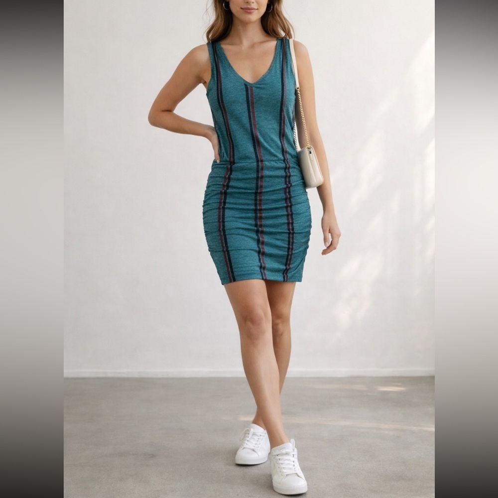 Sundry Sleeveless Ruched Bodycon Dress Size 1 Teal Stripe USA Made